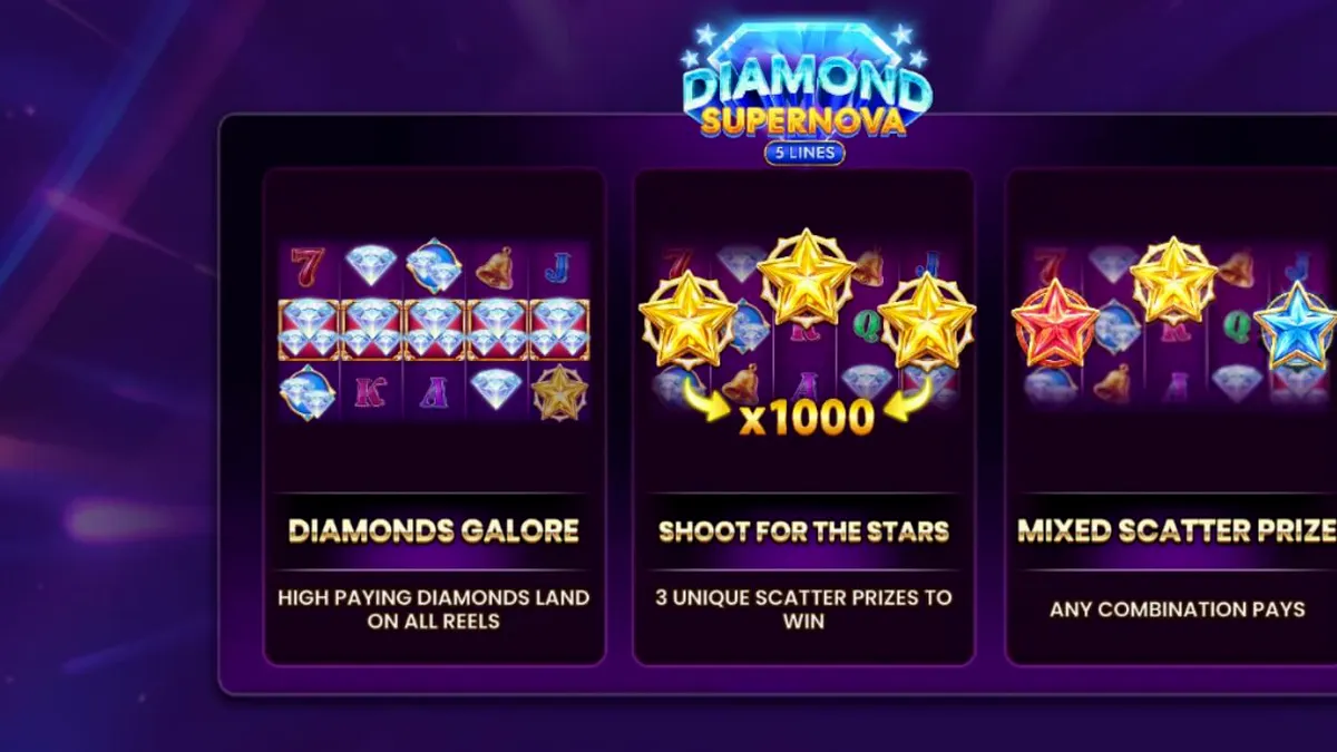 Interface do jogo Diamond Supernova com fundo cósmico e símbolos de diamantes